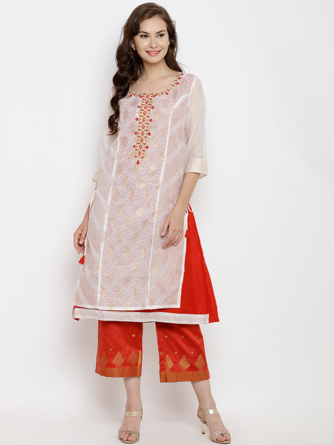 

RANGMANCH BY PANTALOONS Women Off-White & Red Printed A-Line Kurta