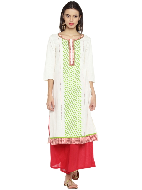 

RANGMANCH BY PANTALOONS Women Off-White & Green Printed Straight Kurta