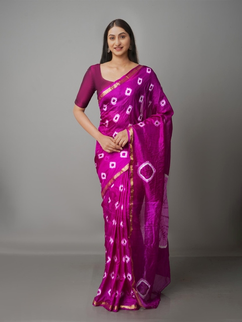 

Unnati Silks Purple & White Bandhani Silk Blend Bandhani Saree