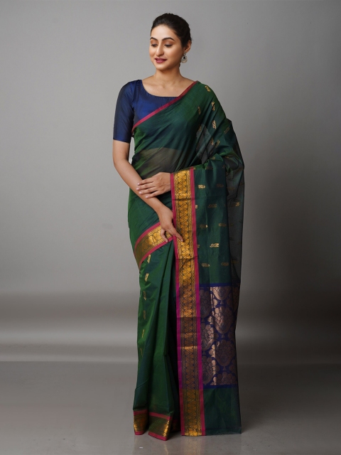 

Unnati Silks Green & Blue Woven Design Zari Pure Cotton Gadwal Saree
