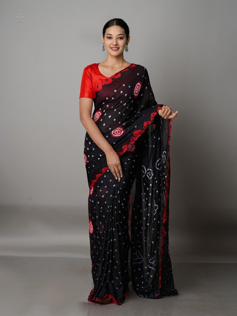 

Unnati Silks Black & Red Bandhani Silk Blend Bandhani Saree