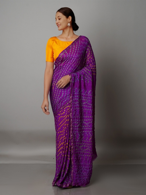 

Unnati Silks Violet Bandhani Silk Blend Bandhani Saree