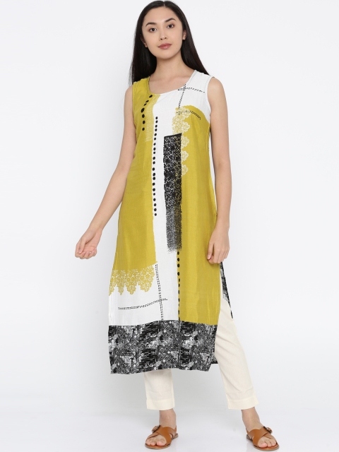 

RANGMANCH BY PANTALOONS Women Lime Green & White Printed Straight Kurta