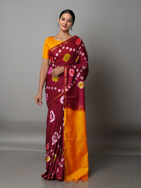 

Unnati Silks Maroon & Yellow Bandhani Silk Cotton Chanderi Saree