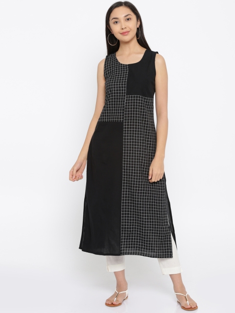 

RANGMANCH BY PANTALOONS Women Black & White Checked A-Line Kurta