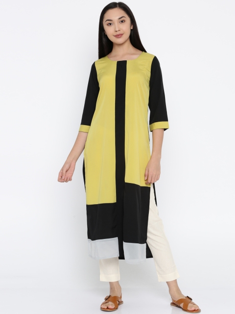 

RANGMANCH BY PANTALOONS Women Yellow & Black Colourblocked Straight Kurta