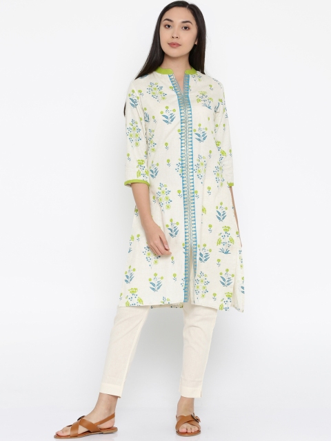 

RANGMANCH BY PANTALOONS Women Off-White & Turquoise Blue Printed Straight Kurta