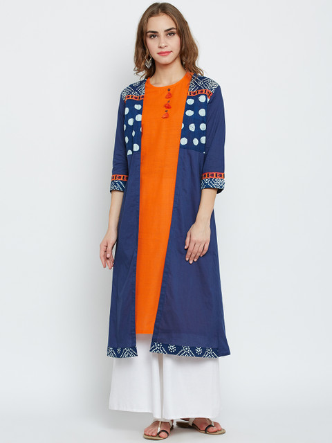 

RANGMANCH BY PANTALOONS Women Blue & Orange Solid Layered A-Line Kurta