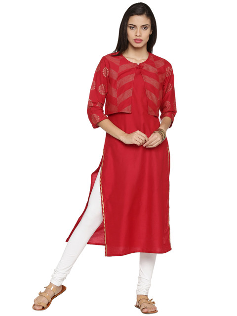 

RANGMANCH BY PANTALOONS Women Red Solid Straight Kurta With Ethnic Jacket
