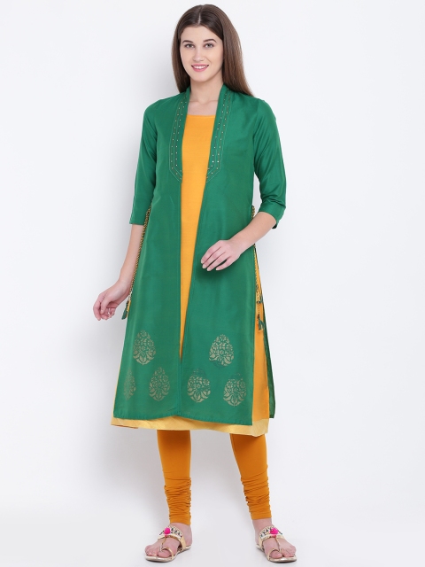 

RANGMANCH BY PANTALOONS Women Green & Yellow Solid Layered A-Line Kurta