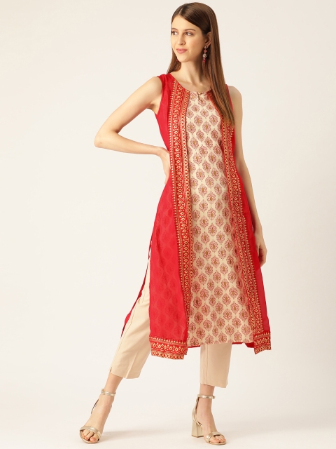 

RANGMANCH BY PANTALOONS Women Beige & Red Printed A-Line Layered Kurta