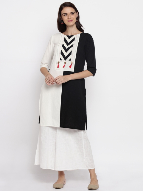 

RANGMANCH BY PANTALOONS Women Black & White Colourblocked Straight Kurta