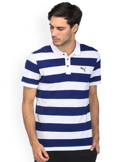 

Puma Men Navy Blue & White ESS Striped Pique Slim Fit Polo T-shirt