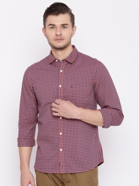 

John Miller Hangout Men Navy & Red Slim Fit Checked Casual Shirt, Navy blue