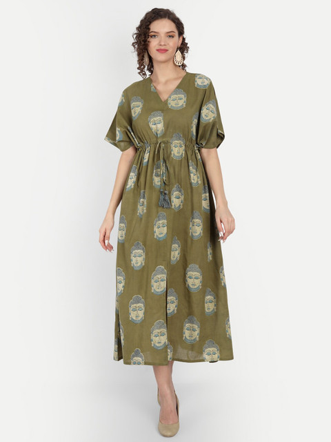 

JIRON Olive Green Buddha Block Print Pure Cotton Kaftan Midi Dress