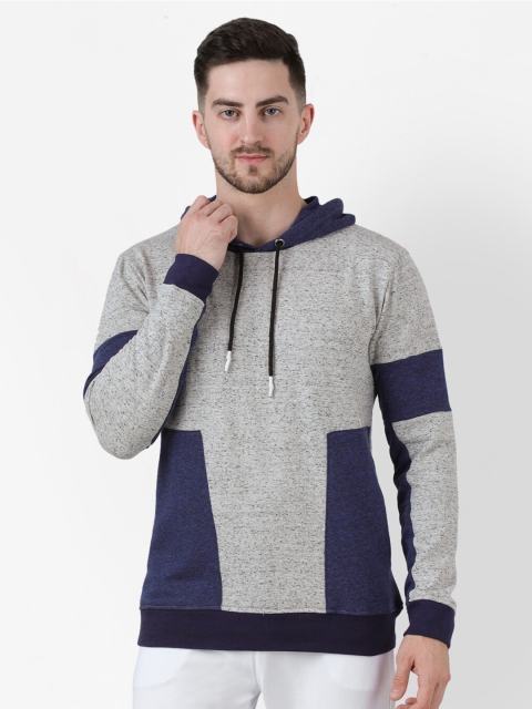 

PAUSE SPORT Men Grey & Blue Hooded Cotton Sweatshirt