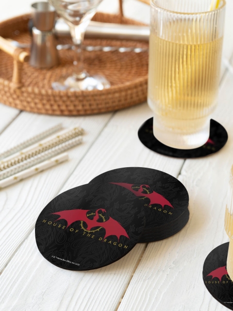 

macmerise Set Of 6 Red Dragon Printed Circular Coasters, Black