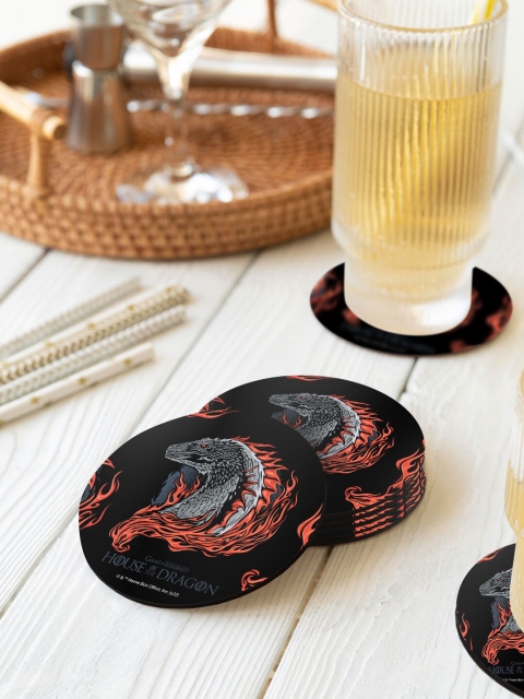 

macmerise Set Of 6 Black Printed Wooden Circular Coasters