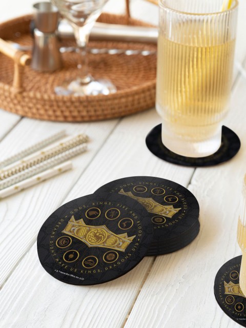 

macmerise pack Of 6 Black Printed HOD Seven Kingdoms Crown Designed Circular Coasters