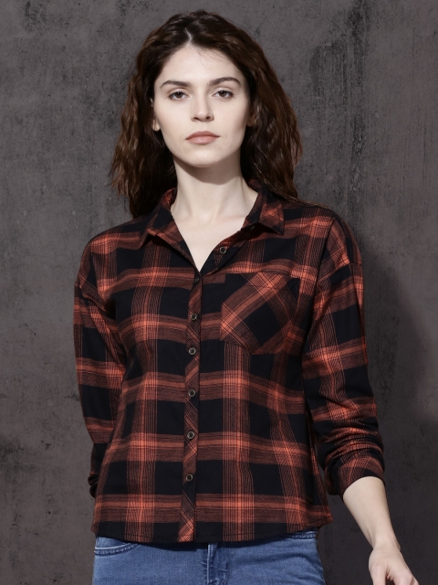 

Roadster Women Orange & Black Relaxed Boxy Fit Checked Casual Shirt