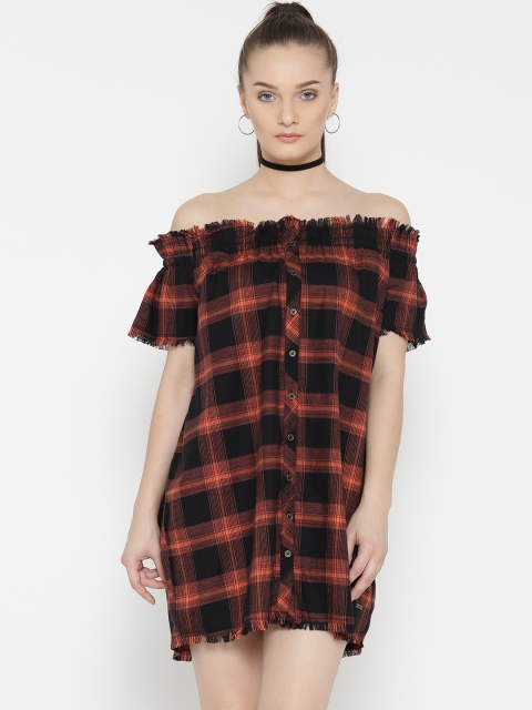 

Roadster Women Black & Orange Checked Off-Shoulder Shift Dress