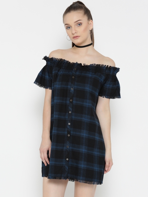 

Roadster Women Black & Blue Checked Off-Shoulder Shift Dress