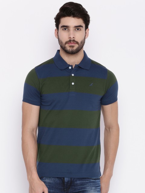 

American Crew Men Blue & Olive Green Striped Polo Collar T-shirt