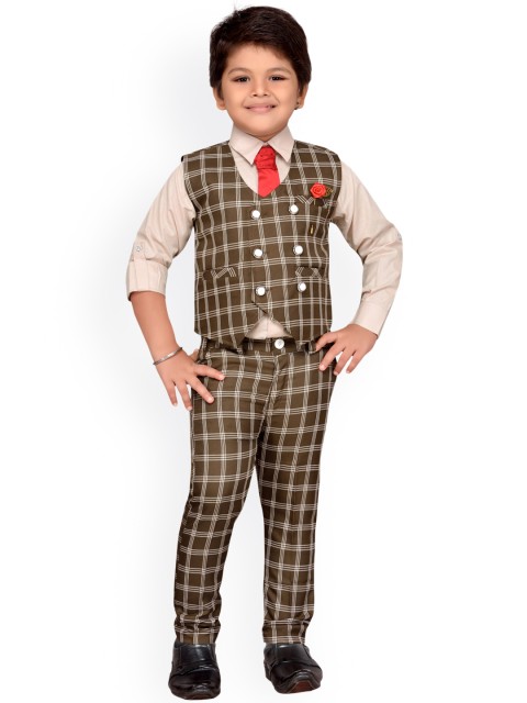 

Aj DEZInES Boys Brown & Beige Checked Double-Breasted Regular Fit Party Waistcoat Suit