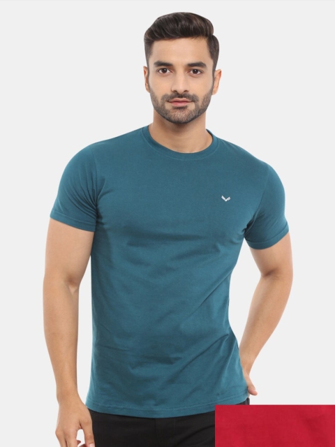 

V-Mart Men Pack of 2 Teal & Red Round Neck Cotton T-shirt