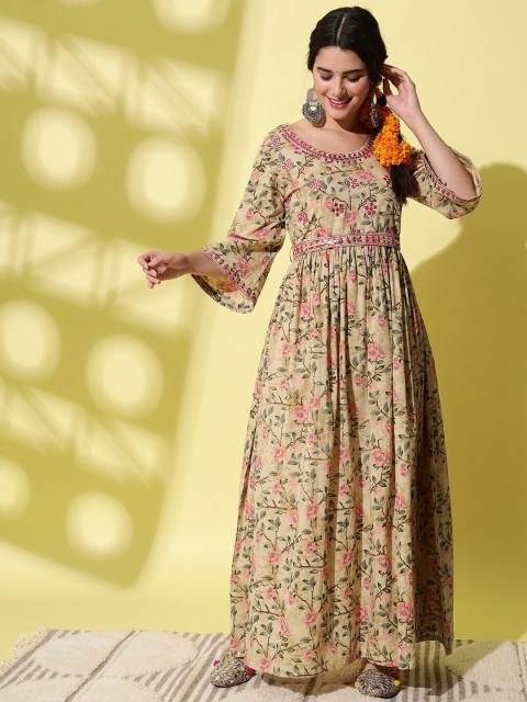 

Meeranshi Women Yellow Floral Maxi Ethnic Dress