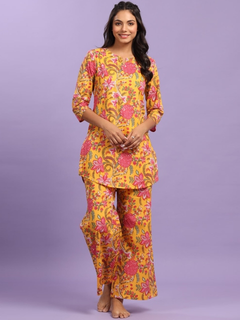 

JISORA Women Yellow & Pink Printed Pure Organic Cotton Night suit