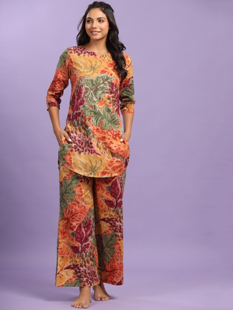 

JISORA Women Olive Green & Orange Printed Pure Cotton Night suit