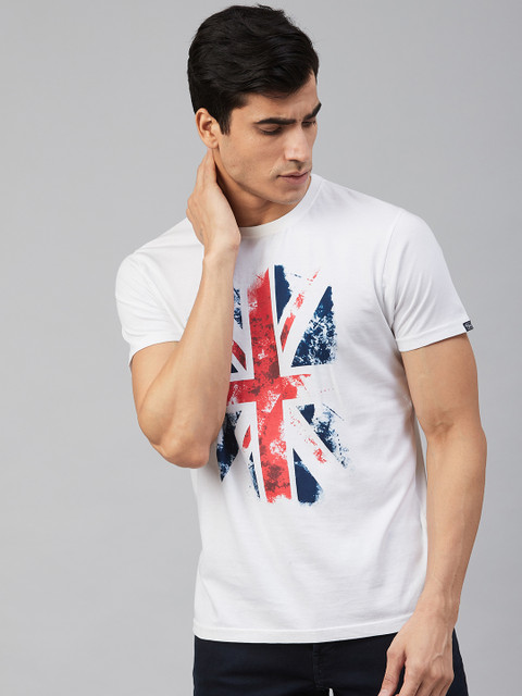 

Pepe Jeans Men White & Navy Blue UK Flag Printed Round Neck T-shirt