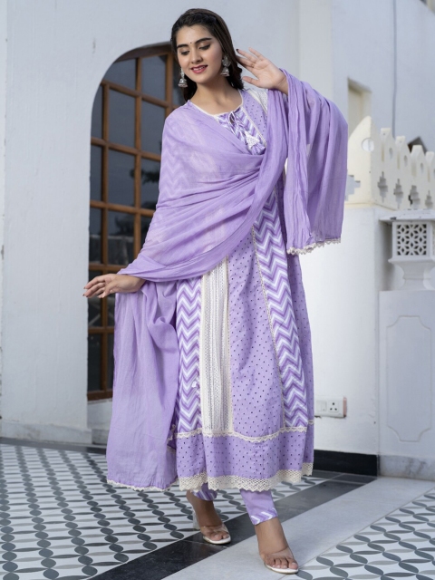 

PREKSHA Women Purple Printed Pure Cotton Kurta with Trousers & With Dupatta