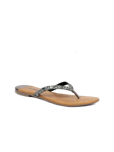 

SOLES Women Gunmetal-Toned Open Toe Flats, Metallic