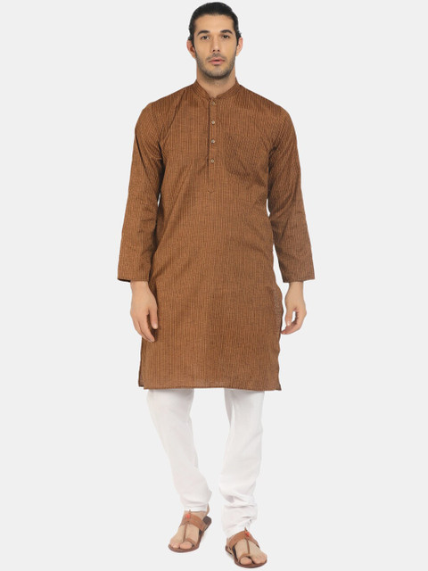 

V-Mart Men Brown Striped Mandarin Collar Pure Cotton Kurta with Pyjama