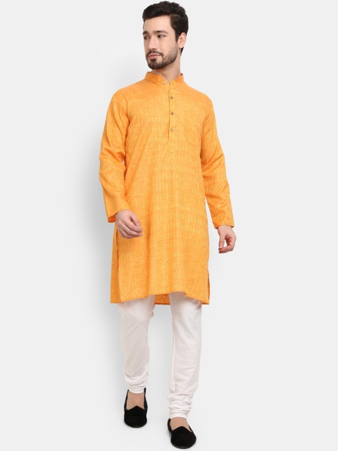 

V-Mart Men Yellow Self Design Mandarin Collar Pure Cotton Kurta with Pyjama