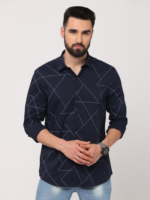 

Jean Cafe Men Navy Blue Premium Slim Fit Printed Pure Cotton Casual Shirt