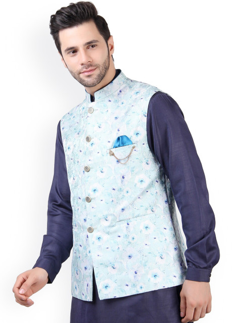 

MAXENCE Men Blue & White Printed Nehru Jackets