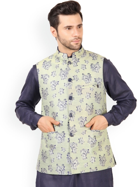 

MAXENCE Men Yellow & White Printed Nehru Jackets