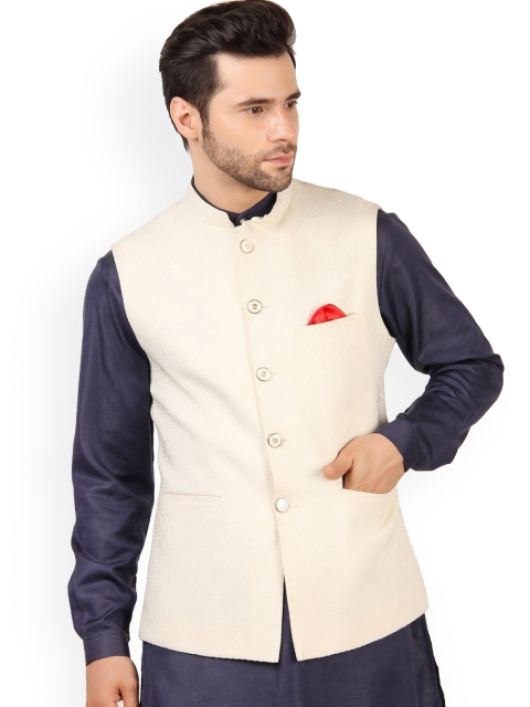 

MAXENCE Men Cream Coloured Solid Nehru Jackets