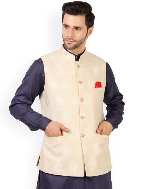 

MAXENCE Men Gold-Coloured Printed Nehru Jackets