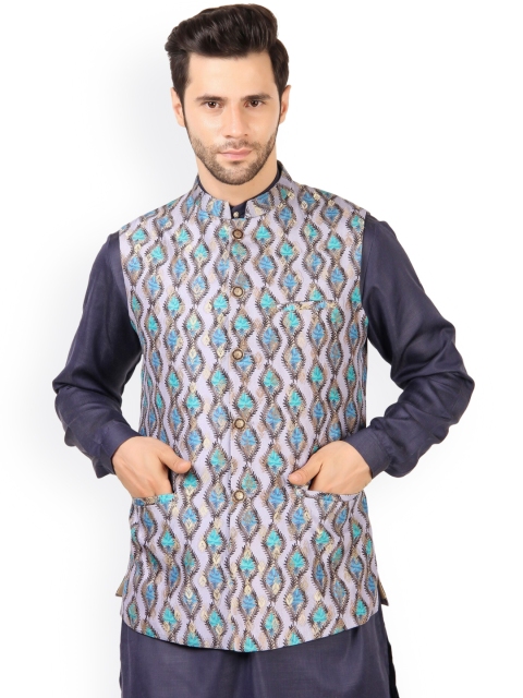 

MAXENCE Men Blue Printed Nehru Jackets