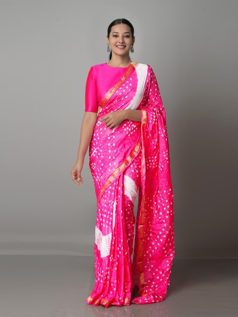 

Unnati Silks Pink & White Zari Silk Bandhani Saree