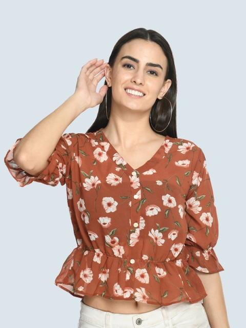 

ARPORA Brown & Cream-Coloured Floral Print Georgette Cinched Waist Top