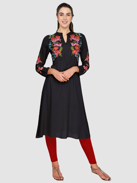 

shashvi Black Floral Embroidered Thread Work Thread Work Anarkali Kurti