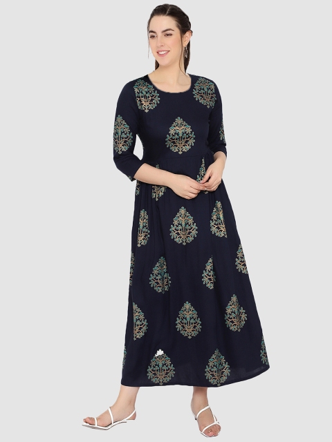 

shashvi Women Green & Navy Blue Ethnic Motifs Printed Block Print Kurta