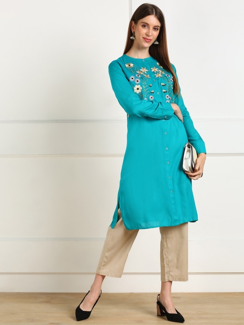

shashvi Women Blue Floral Embroidered Kurta
