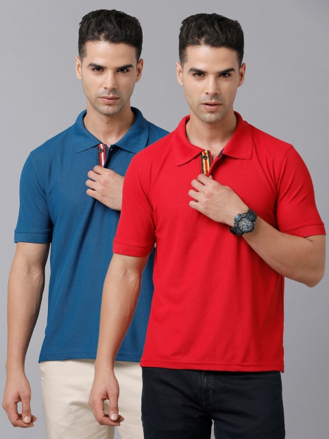 

MADSTO Men Blue & Red Polo Collar Slim Fit T-shirt Pack of 2