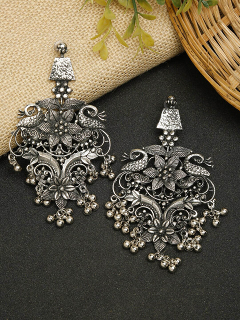 

Dhrohar Silver-Plated Oxidised Peacock Shaped Drop Earrings